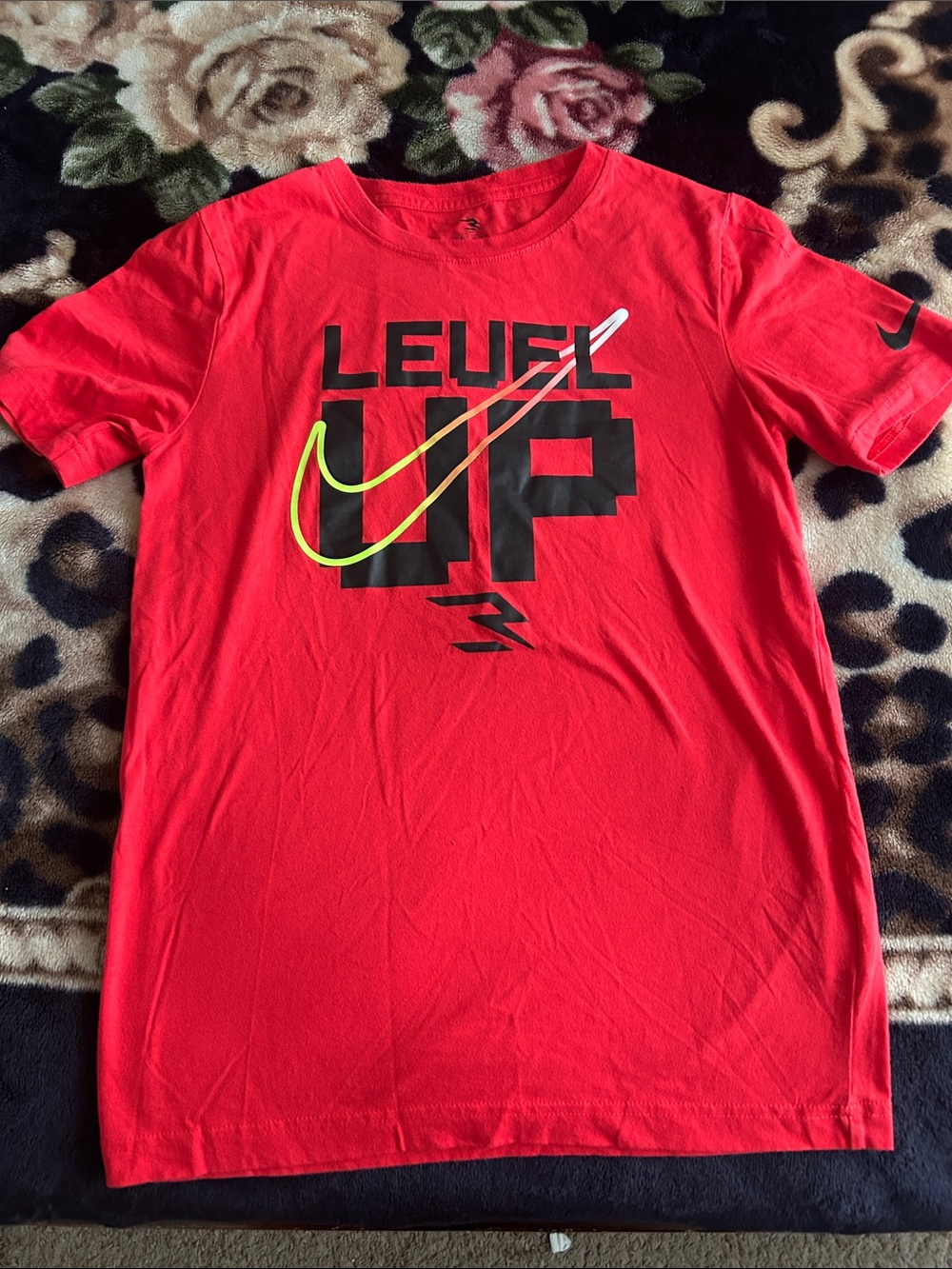 Nike Red "Level Up" Graphic Kids Tee with Neon Swoosh